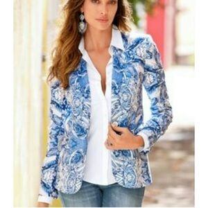 Boston Proper Blue & White floral mirrored lattice Blazer Jacket